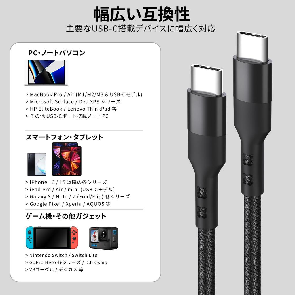 to PD 60W Fast Data Transfer Popolier USB-C Cable, 1.5m, 2-Pack, Type-C Type-C, Charging, High-Durability Nylon, Compatible,