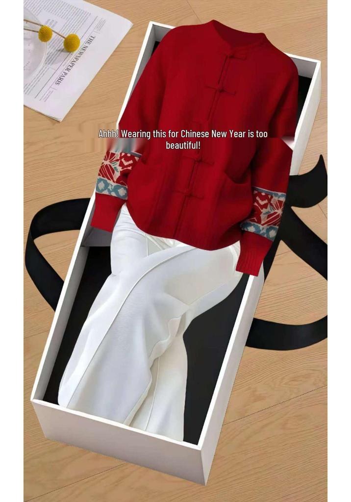 New Chinese Style Red Knit Sweater for Women - National Fashion Autumn/Winter 2025