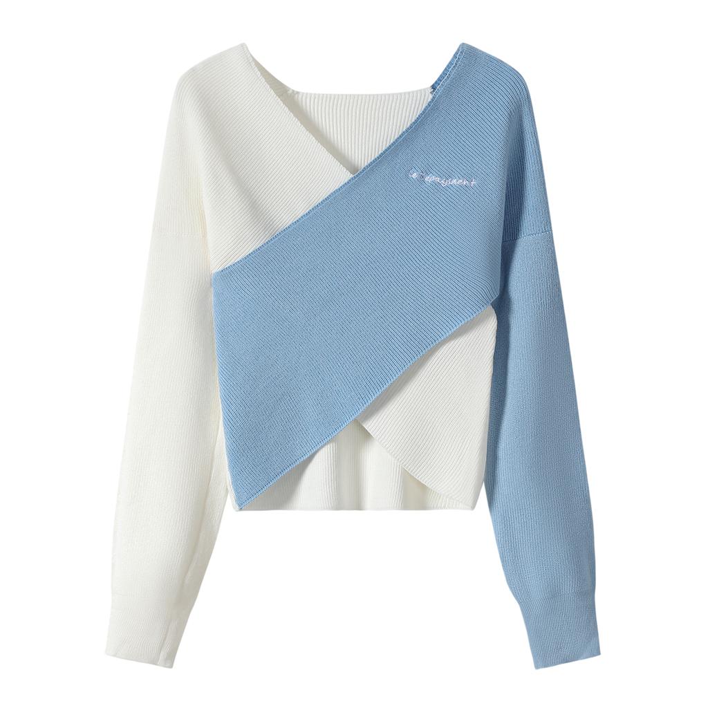 Embroidered Cross-V-neck Knitted Sweater for Women, Autumn Spice Girl, Patchwork Slit Short Top, Base Layer T-shirt