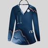 Women Plus Size Blue Marble Printed Nurse Scrub Top V Neck Long Sleeve With Pockets