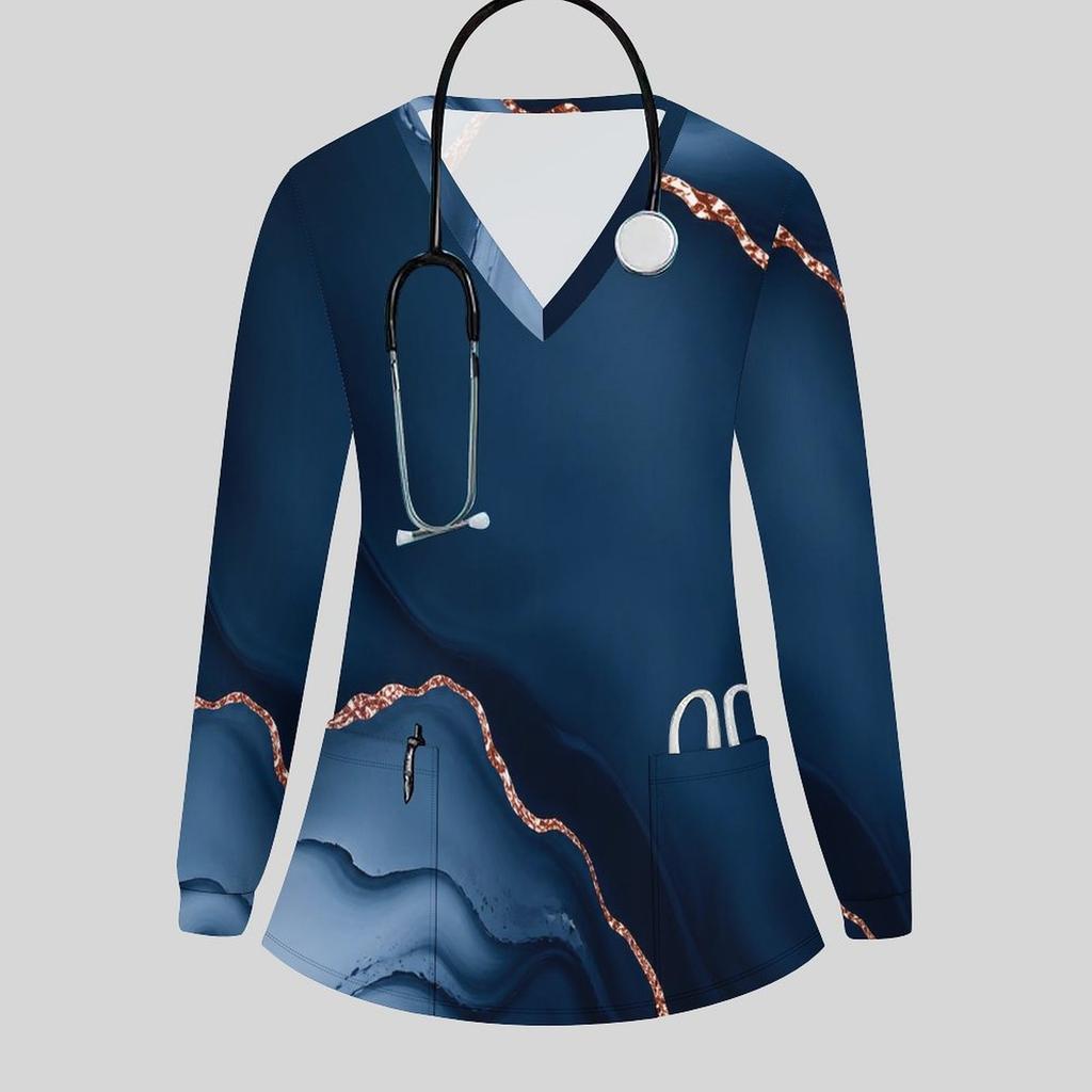 Women Plus Size Blue Marble Printed Nurse Scrub Top V Neck Long Sleeve With Pockets