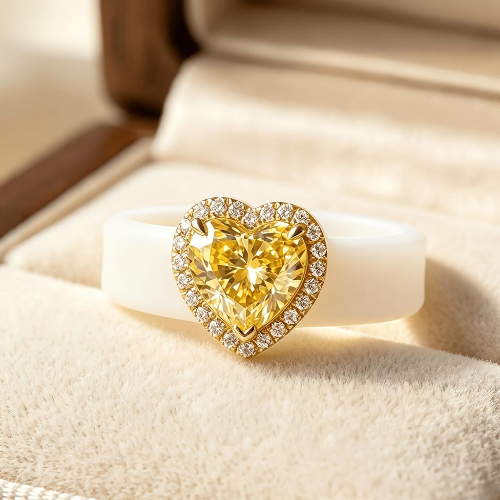 White Soft Silicone Ring, Heart Yellow CZ, Hypoallergenic Comfort Wedding And Promise Ring For Women