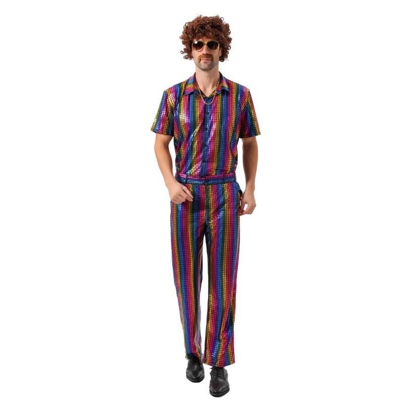 Halloween Men's Retro 70 Disco Hip Hop Suit Hippie Elvis Printed Shirt Set