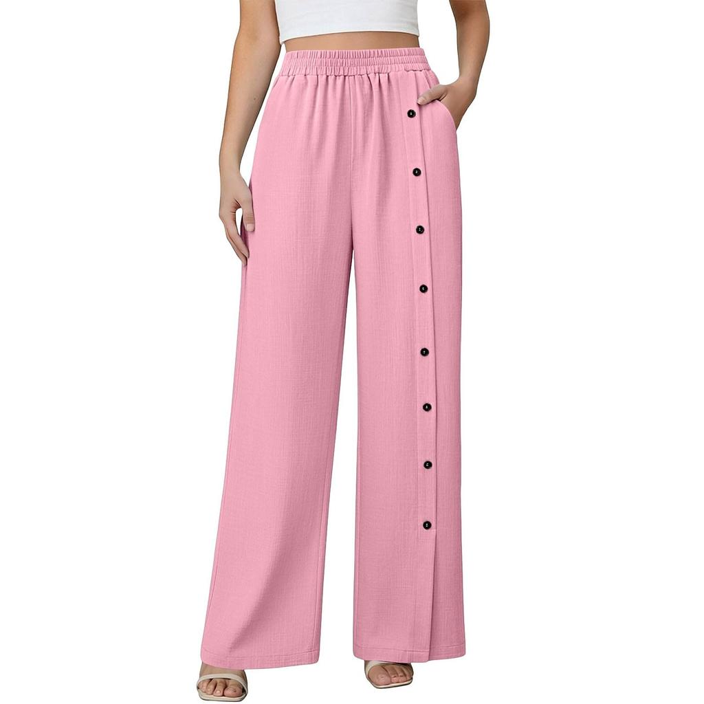 Women's Fashionable Color Button Elastic Waist Straight Tube High Waist Pocket Cotton Linen Casual Pants