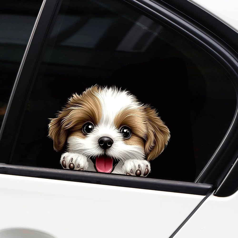 Cute Animal Dog Car Sticker Waterproof PVC Double-Sided Printed Puppy Car Decal Funny Dog Peeking Decal for Car Window Bumper Truck Wall Laptop Car