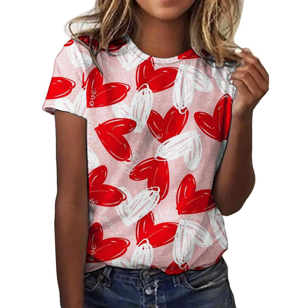 Summer Round Neck 3D Love Flower Print Top Fashionable Casual Short Sleeved Women's T-shirts