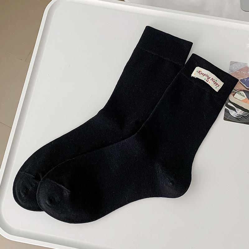 

Тканевая этикетка махровые носки, однотонные носки простого стиля для девочек, универсальные носки до середины икры для весны и лета, женские хлопковые носки 1 pair чёрный