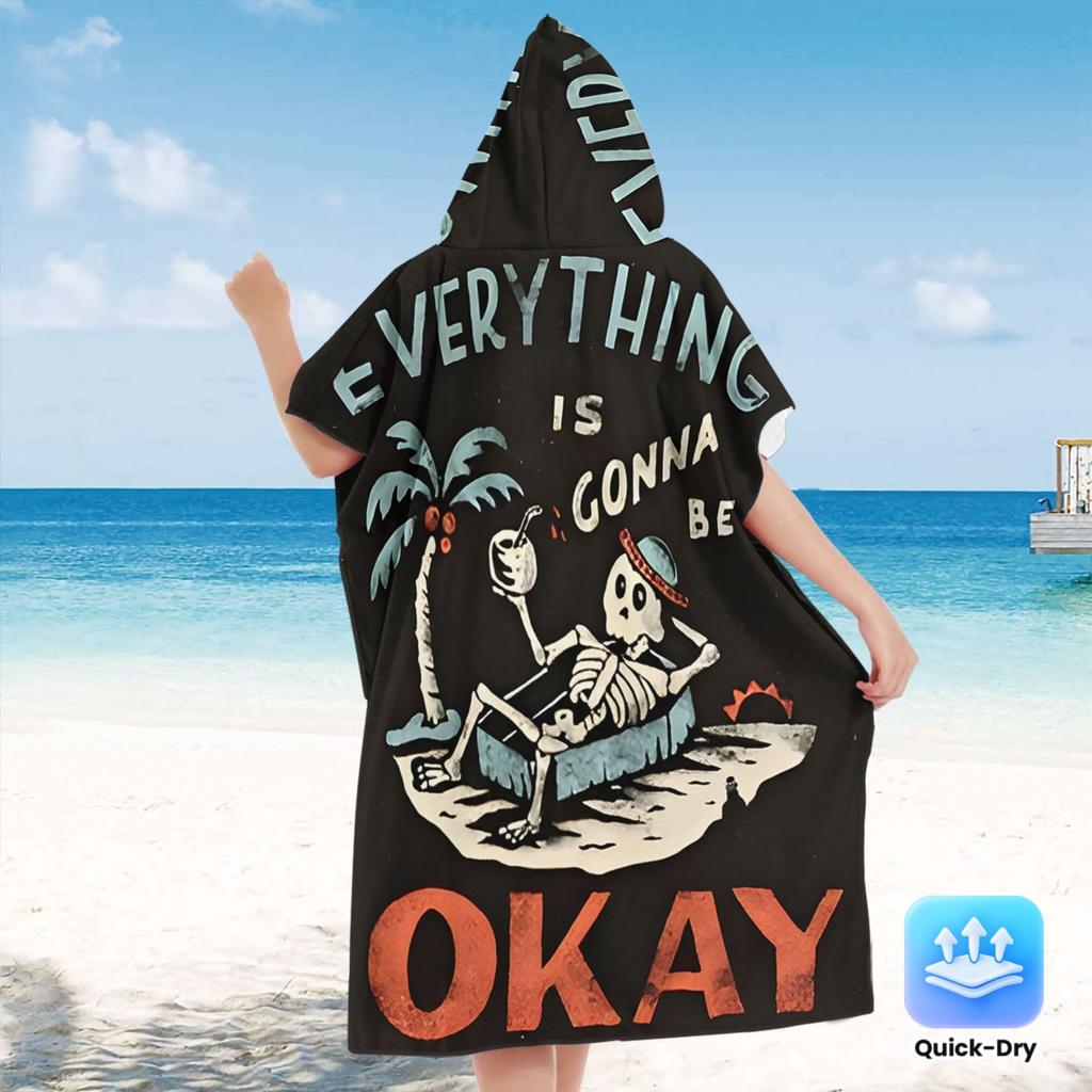 Lustiges Skelett Alles Wird Gut Kapuzen-Strandtuch Flachdruck Schnelltrocknend Poncho Surf-Umkleidebademantel für Herren Damen