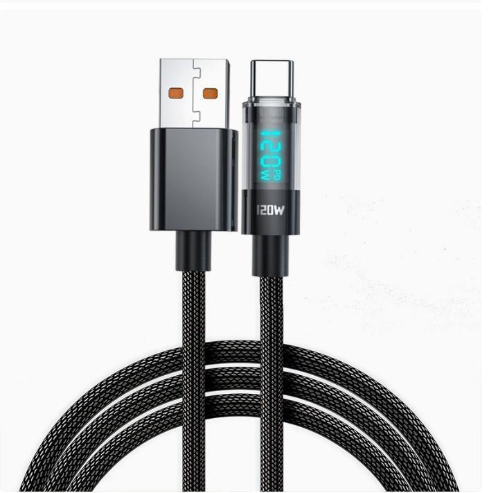 

120W Nylon USB Type C Super Fast Charging Cable For Samsung Xiaomi POCO Huawei Honor Digital Display USB C Charger Data Cord 1m