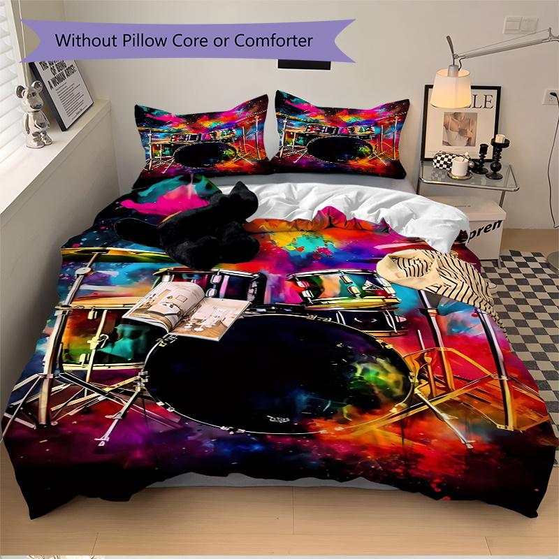 3pcs Colorful Drum Set Print Comforter Set with One Quilt Cover and Two Pillowcases (No Core) - Festival Gift for Home Decor, Anime Cartoon Design, Po