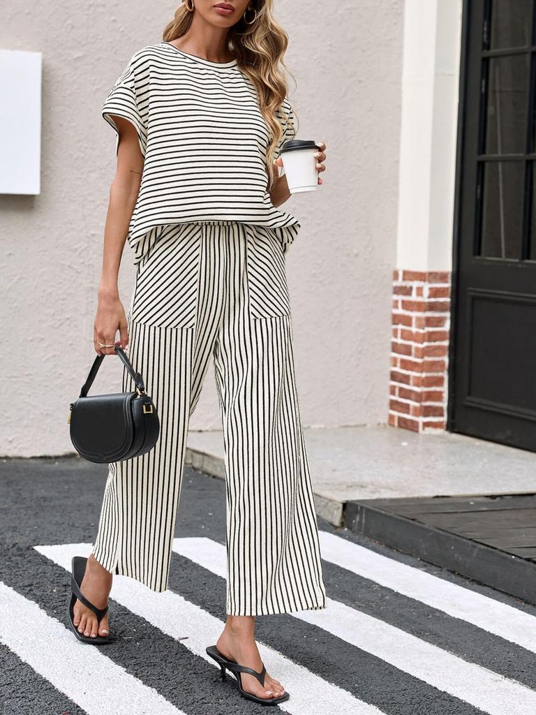 Women's Striped 2 Piece Set Short Sleeve T Shirt and Wide Leg Pants with Pockets