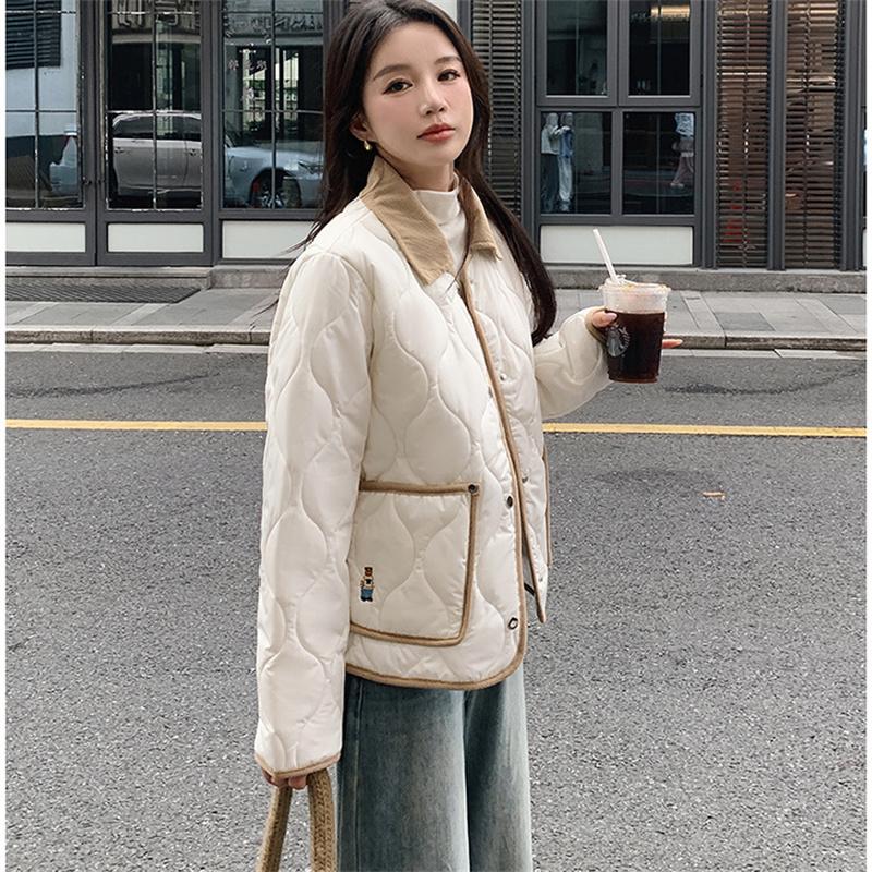 Winter Women's Embroidered Teddy Bear Splicing Lapel Short Cotton Jacket S-XL