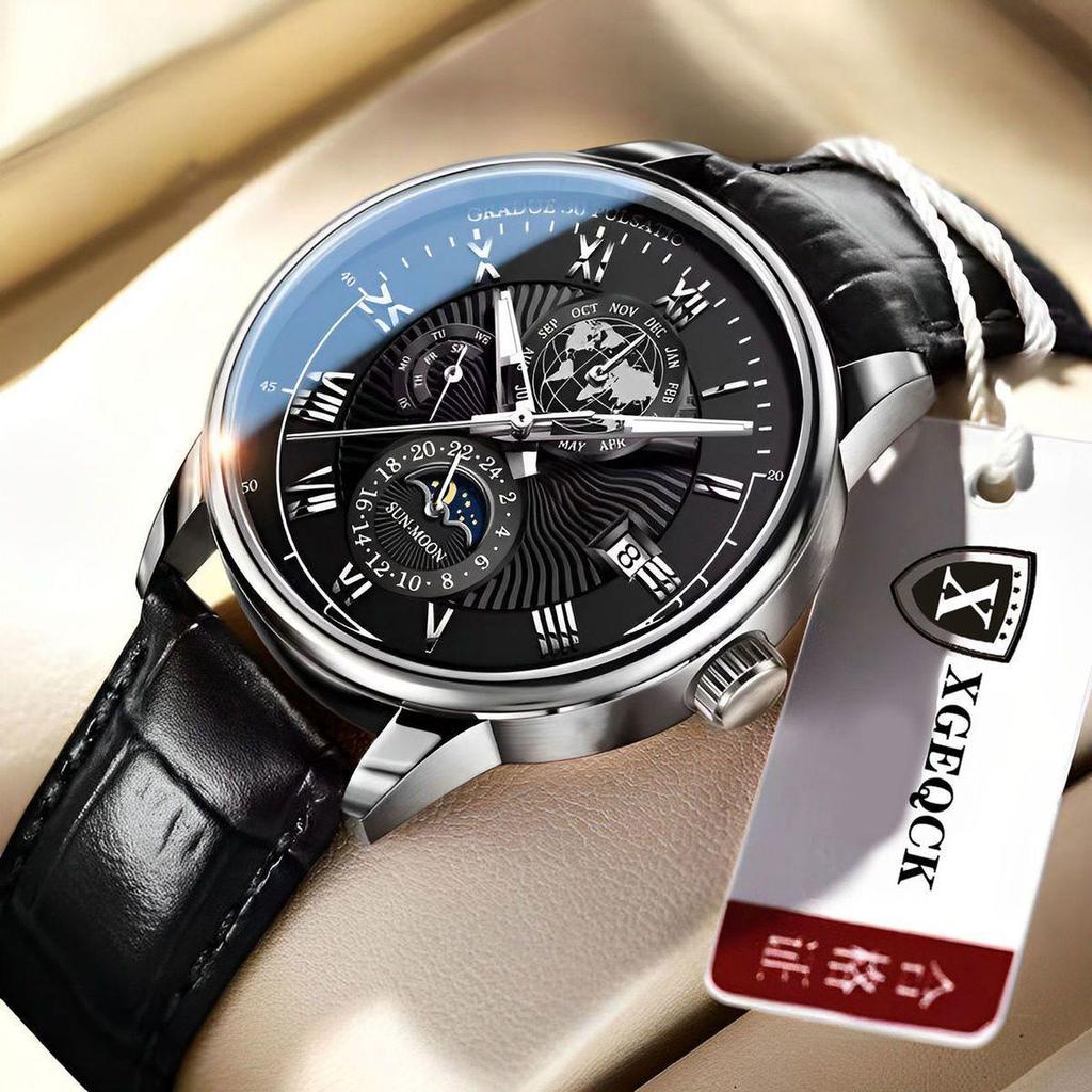 Brand Men's Luminous Calendar Leather Watch - Sleek, High-End, Non-Mechanical Wristwatch