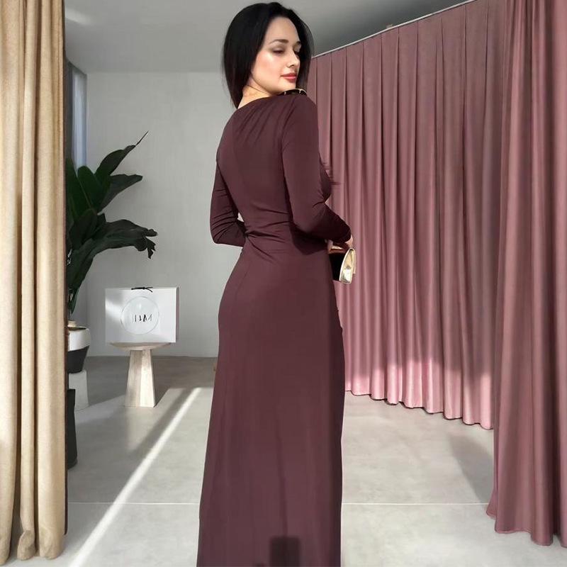 2025 European/American Bodycon Sheath Dress: Solid Color, Long Sleeve, Round Neck, Button & Pleated Details