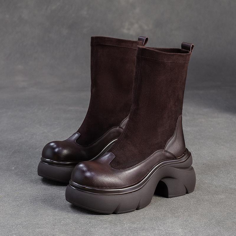 Fashion GKTINOO 2025 Autumn Winter New Retro Mid-calf Boots Genuine Leather Comfortable Thick Soled British Stretch Boots Women's Shoes
