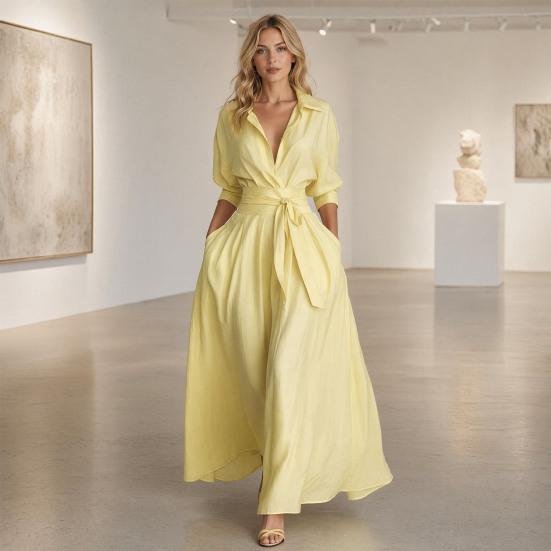 Damen Maxikleid Hemdkleid, Halbsärmel Revers V-Ausschnitt Langes Kleid, Lässiges A-Linie Lockeres Schwingkleid mit Taschen
