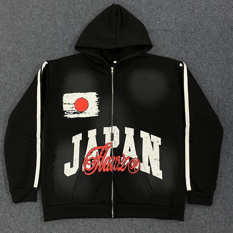 European and American Personalized Printed Stripe Retro Street Trendy Zipper Long Sleeve Hoodie