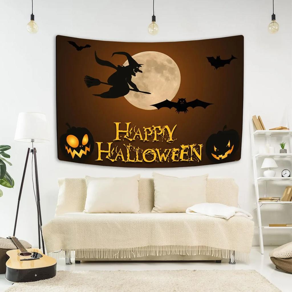 Happy Halloween Decorative Tapestry Bat Pumpkin Print Wall Hanging Carpet Party Background Fabric Home Room Decoration