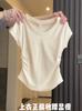 Korean Gentle Light Blue White and Thin Design Pleated Top Front Shoulder Short Sleeve Women's Summer Simple and Versatile T-shirt