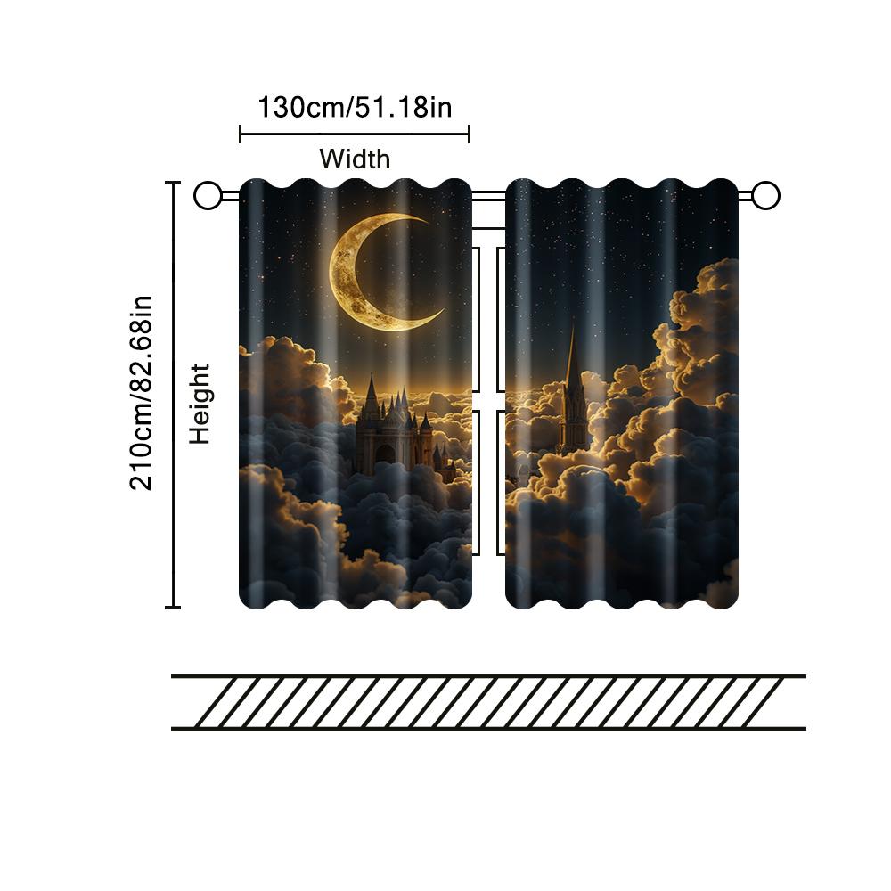 2 Pcs   Filtering Curtains (excluding Rods   Non-movable   Without Batteries) Elegant Sun and Moon Castle for Use In Bedrooms and