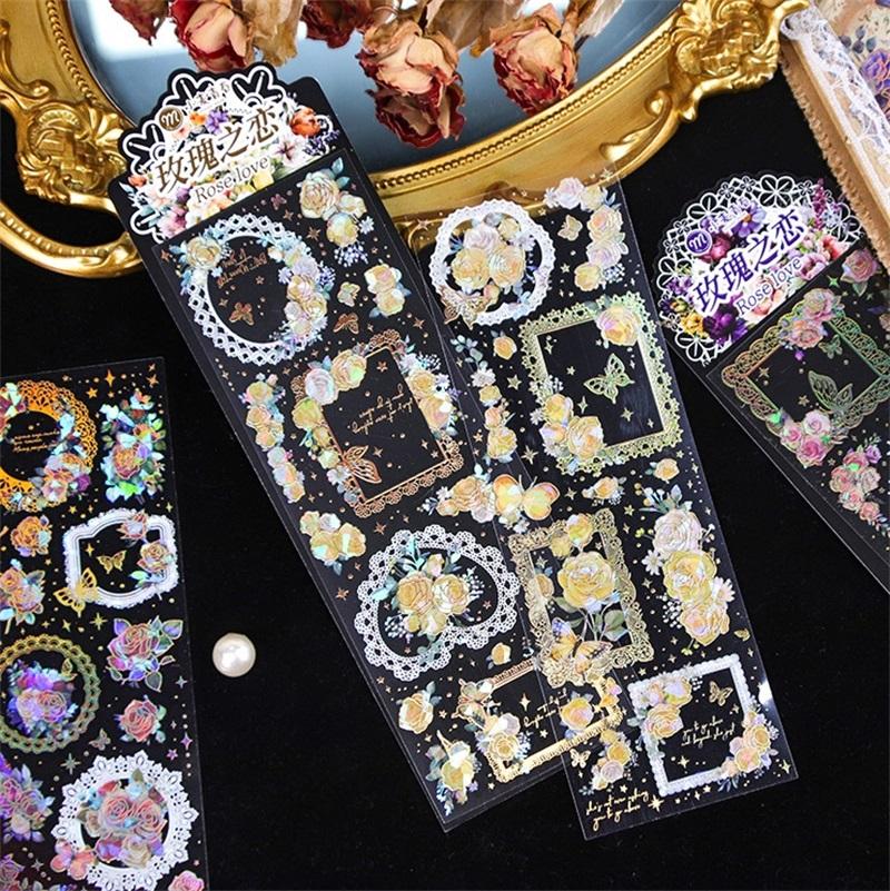 2/8pcs Kawaii Kpop Decorative Stickers Rose Love Shell Light Laser Gold Stickers DIY Scrapbook Stationery Stickers