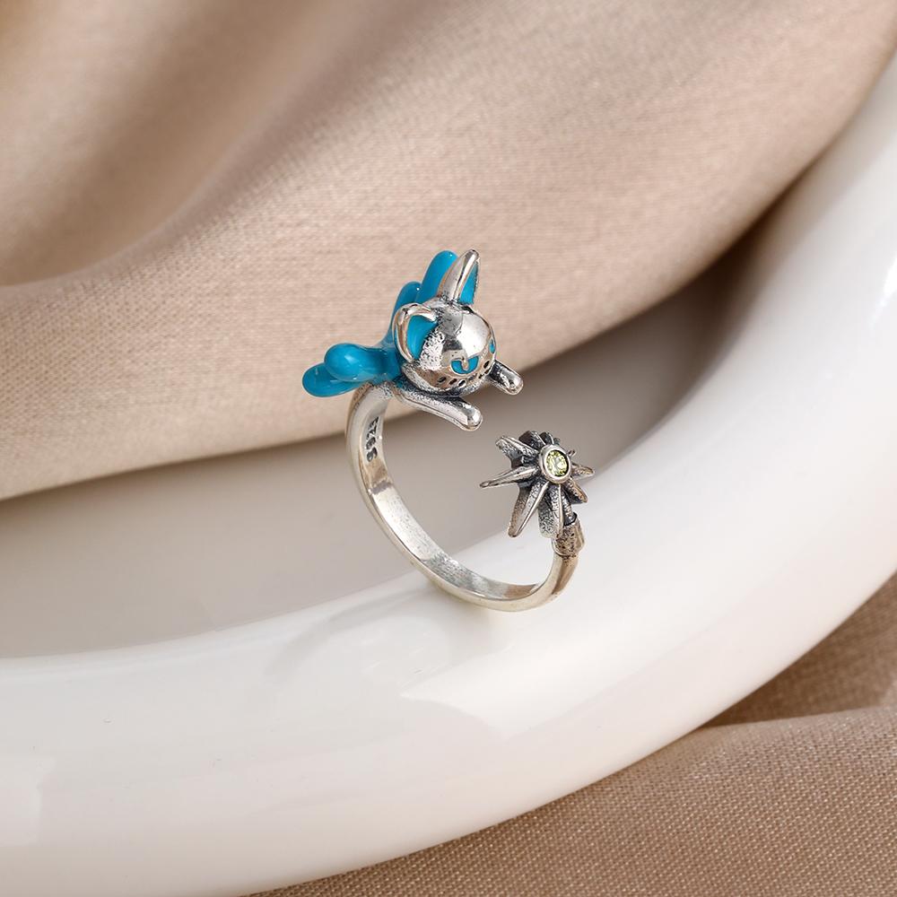 925 Silver Enamel Cartoon Cat Elephant Rabbit Tulip Pattern Ring for Women Jewelry Open Design Wedding Party Fashion Gift