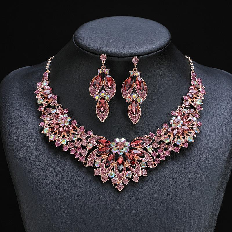 Dress Jewelry Necklace Earrings Two-Piece Set Colorful Flowers Bride Vintage Premium Design