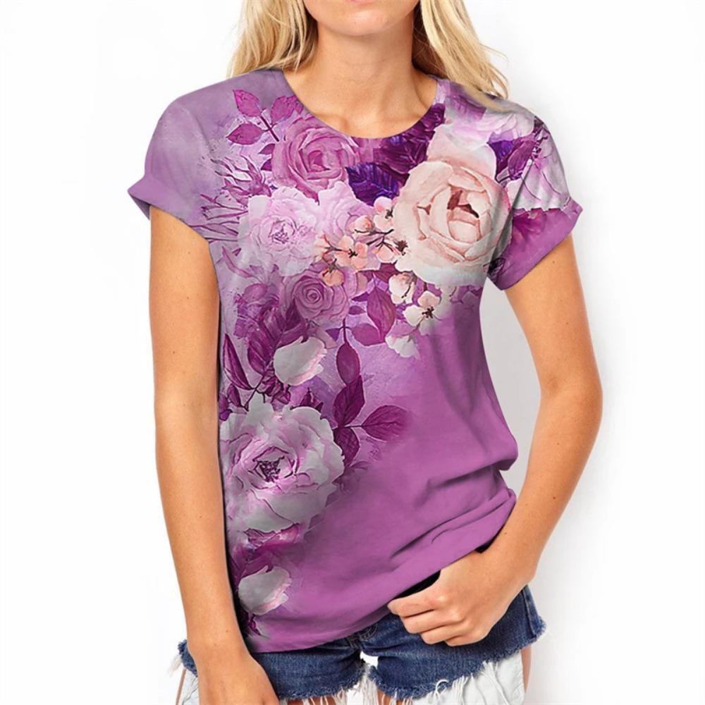 3D Rose Blume Print T Shirt Sommer Kurzarm Top Fashion Floral Grafik Harajuku T-shirts Für Frauen Kleidung T-Shirts Mädchen