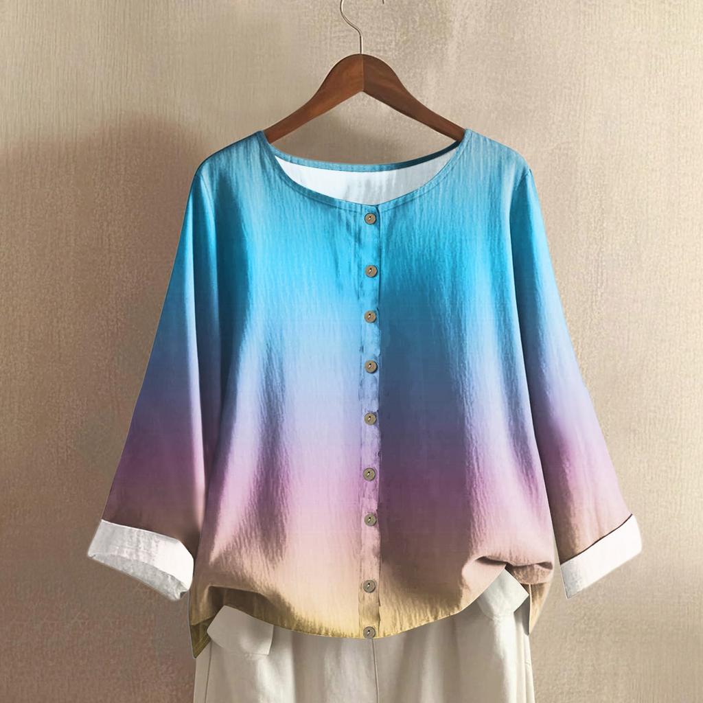 Women's Casual Long-sleeved Round Neck Gradient Cotton And Linen Top