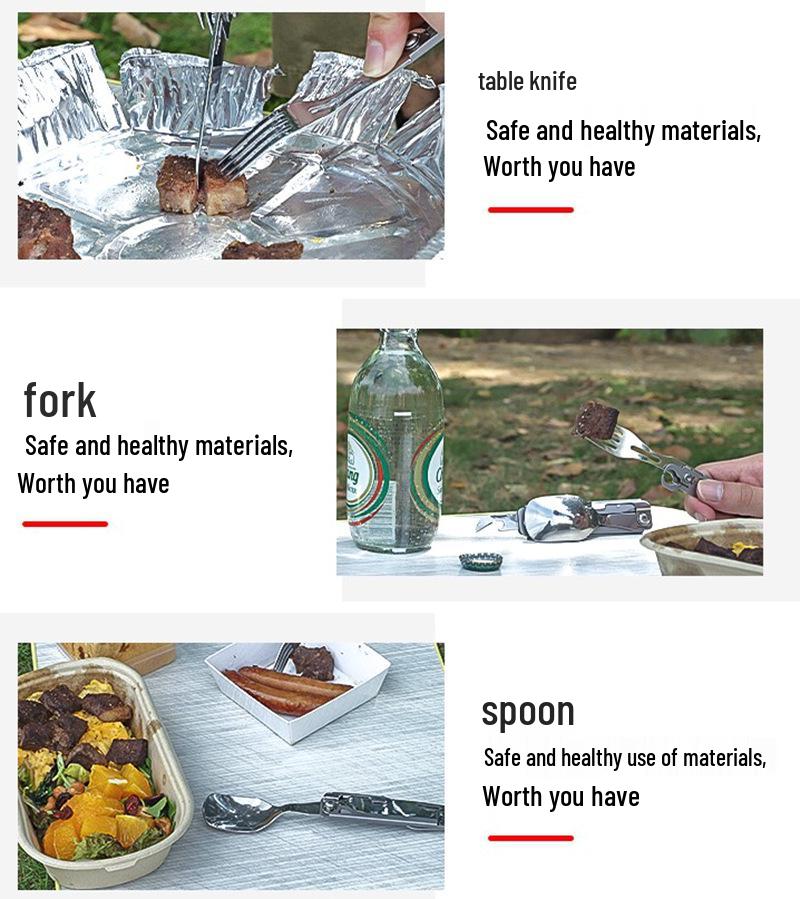 Portable Multifunctional Stainless Steel Folding Cutlery Set with Fork, Spoon, Knife, & Bottle Opener
