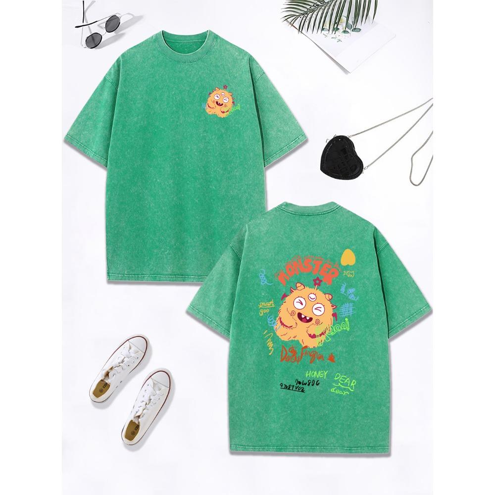 Cute Yellow Plush Little Monster Printing Washed T-Shirt Women Cotton Oversized Tops Distressed O-Neck T Shirt Clothes
