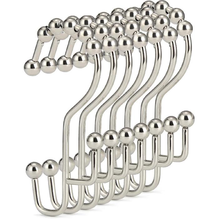 Shower Curtain Hooks, 12Pcs Shower Curtain Rings Rust Proof, Stepped Double Hook Shower Curtain Hooks, Easy Glide Metal Shower Hooks for Shower Nickel