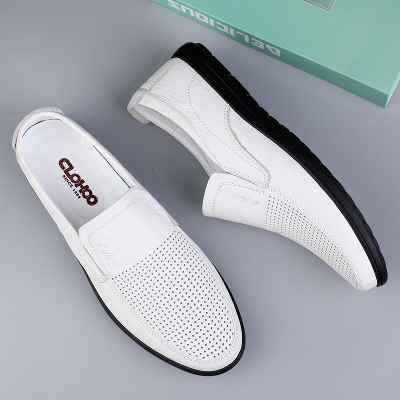 Men's Leather Casual Shoes Breathable Hollow Slip on Lazy Driving Shoes Office Fashion Shoes