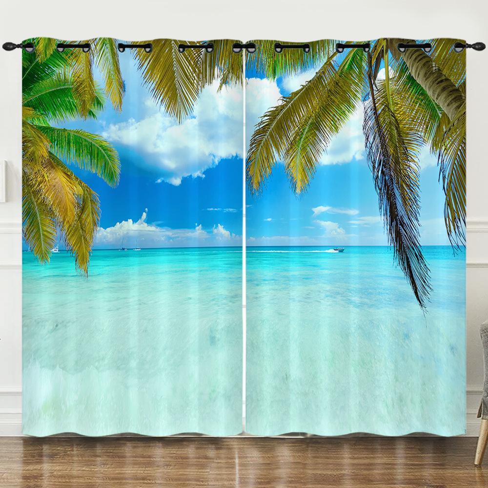 Curtain Summer Coconut Tree Sunset Landscape 3D Digital Printing Blackout Curtain Punching