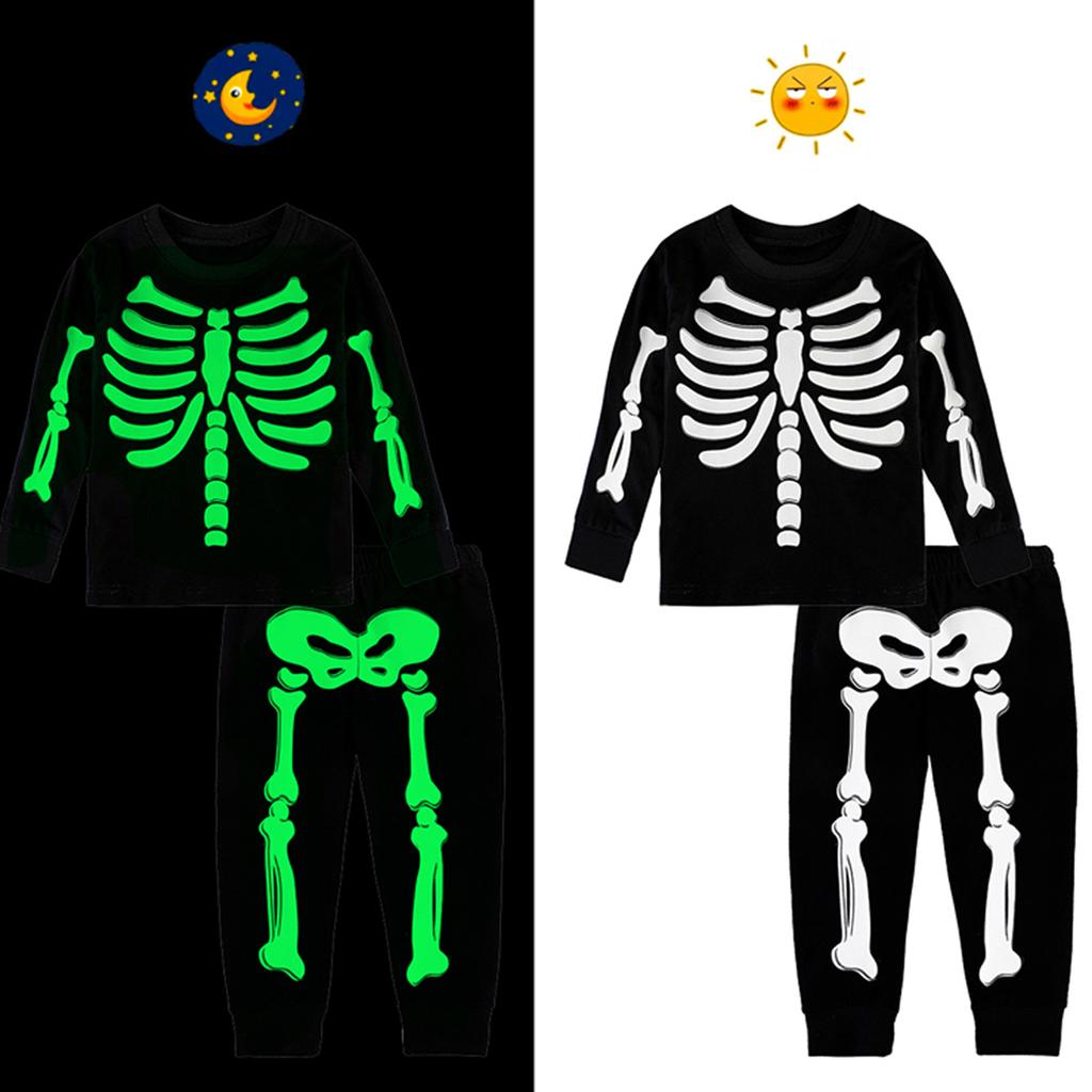Kids Halloween Skeleton Costume Set Glow In Dark Boys Girls Cosplay Pants Sets Children Funny Trick Or Treat Party Clothes