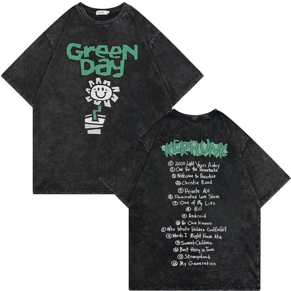 Camiseta Merchandising de Gira Vintage Lavada de Green Day para Hombre Mujer Ropa Rock Hip Hop Camiseta Verano Moda Casual Camisetas Sueltas
