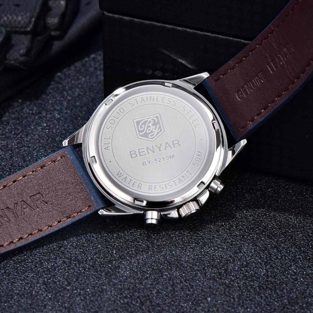 BENYAR New 40MM Men's Multi Functional Chronograph Quartz Watch Lumious Leather Strap Sports Wristwatches For Man