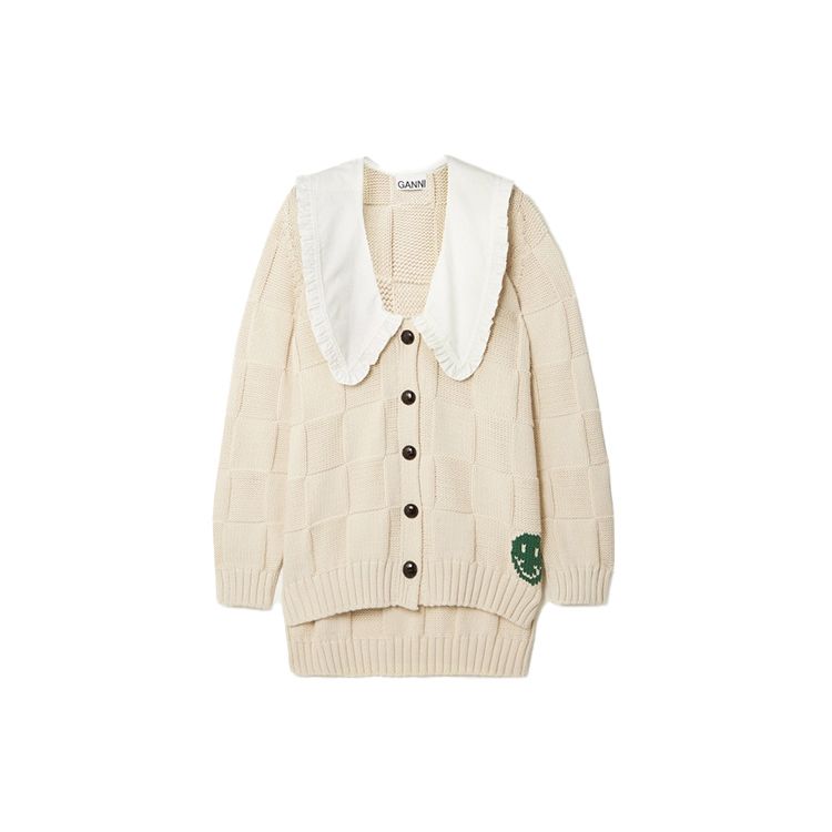 Ganni Ruffled Silk Trim Floral Embellished Cardigan Women tops Beige K1577-196