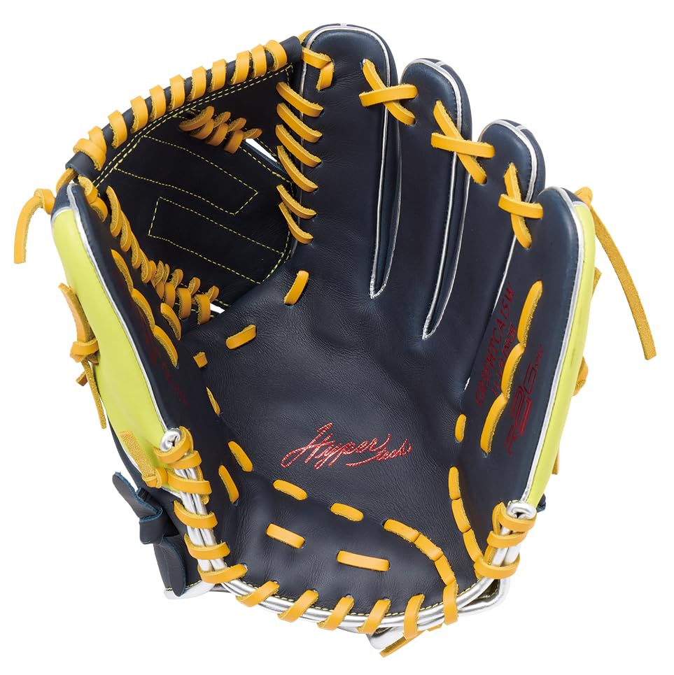 Rawlings HYPER TECH COLOR SYNC GR5FHTCA15W Baseball Throw Glove, Soft, Pitcher's, Navy/O-Yellow, 11.75 inches, Right-Handed