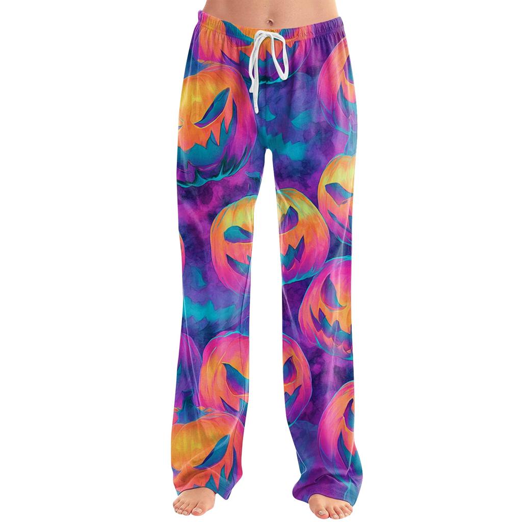 Women Loose Fit Casual Halloween Printed Pants Elastic Waist Relaxed Trousers with Pumpkin Pattern for Daily Wear