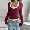 Women's Sexy Fashion Fake Two-Piece Solid Color Button Suspender Long Sleeve T-Shirt