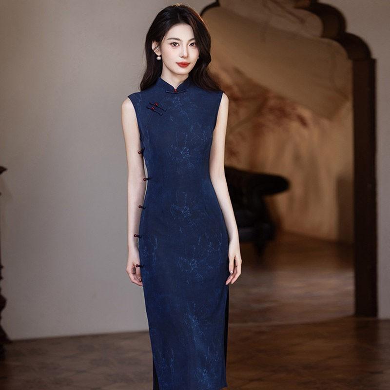 Blue Sleeveless Modern Chinese-Inspired Long Cheongsam Dress 2026 Womens Elegant Formal Gown Small