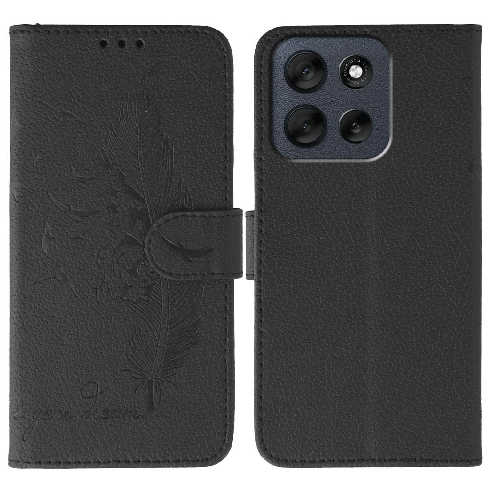 

For Motorola Moto G56 5G Case Feather Imprint PU Leather Wallet Phone Cover Black