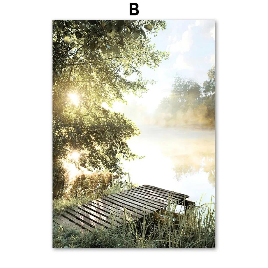Lake Bridge Mountain Forest Grass Boat Wall Art Canvas Painting Nordic Posters And Prints Wall Pictures For Living Room Decor