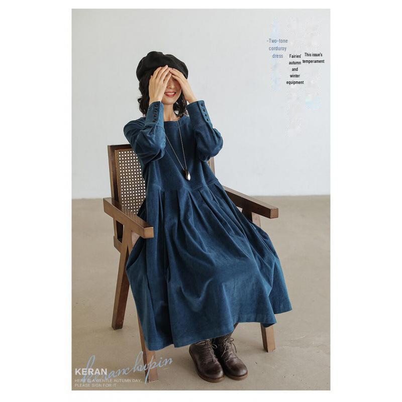 

Осень 2021 г. Японско-корейское вельветовое литературное платье - женская юбка миди с длинными рукавами Small