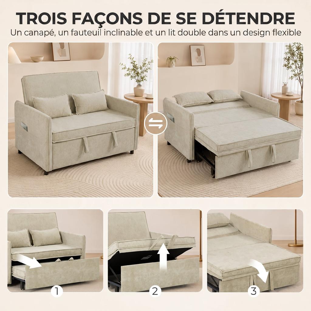 Convertible 2 Seater Sofa 3 In 1 Chenille Sofa Bed 125 Cm With Adjustable Backrest Wide Seat 2 Pillows Cream