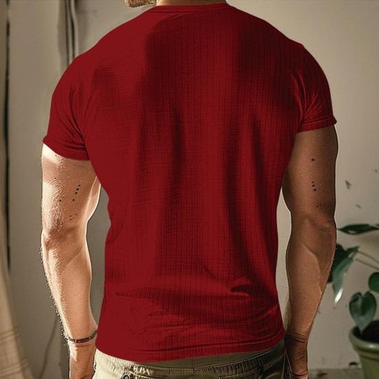 Camiseta de verano para hombre, de manga corta, ajustada, fina, de color liso, elástica, con botones, cuello en V, jersey de hilo, deportiva, para fitness