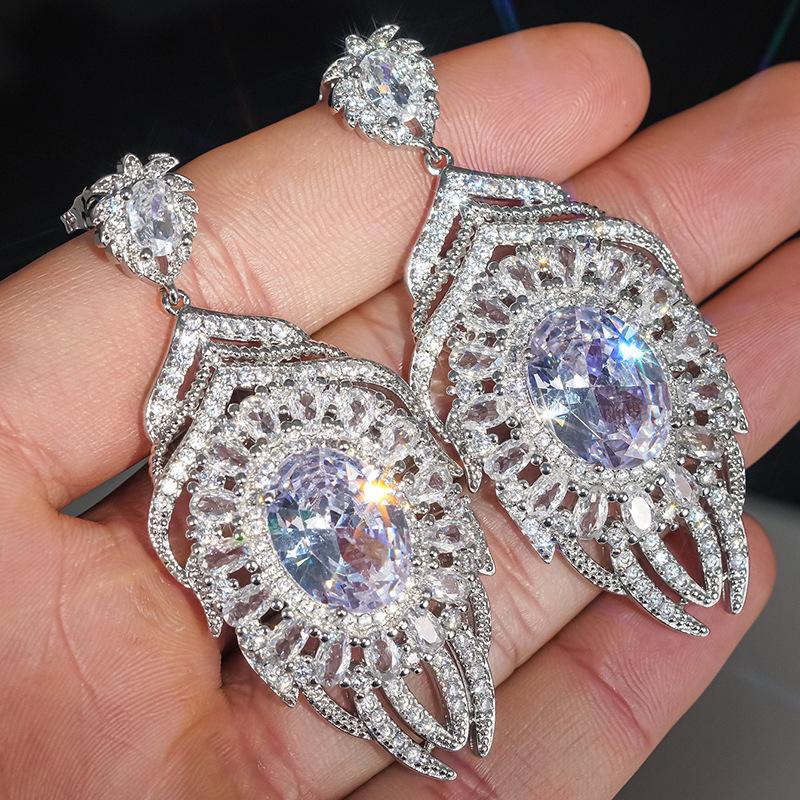 Light luxury heavy industry full diamond zircon earrings, oval cut dinner party style long bride earrings