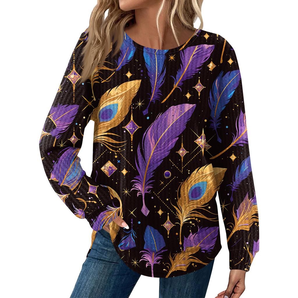 Women's Fashion  Loose Long Sleeve Carnival Print  Round Neck Casual Top