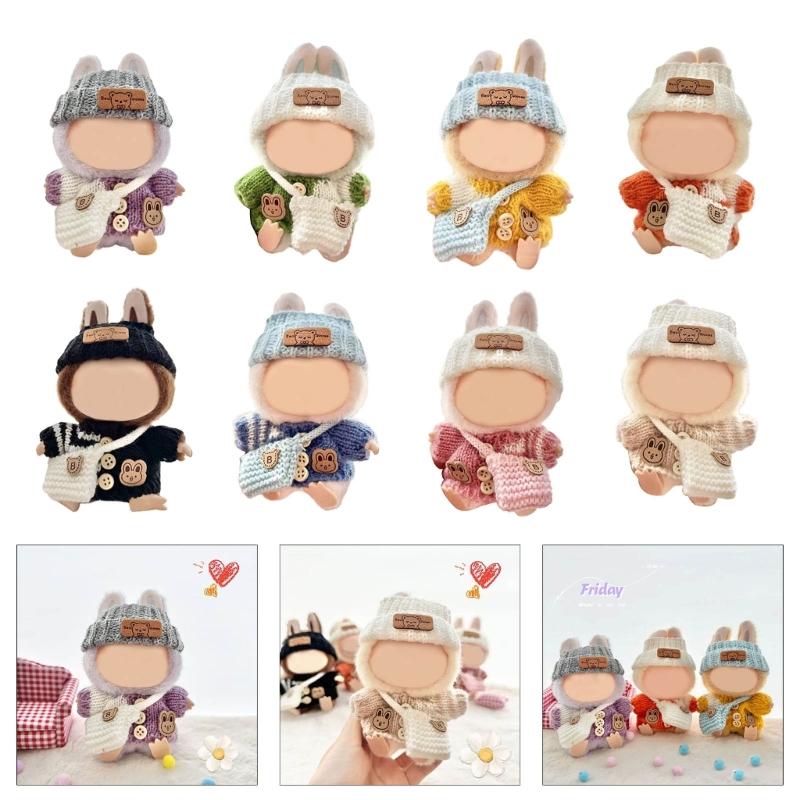 Stilvolles Strickbekleidungsset für 17cm Puppen mit modischem Pullover, Mütze und Tasche. Großartig für Sammler- und Kinderpuppen.